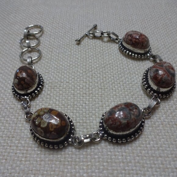 Natural LEOPARD JASPER Handmade Sterling Bracelet Size 8" #826B - Picture 1 of 3